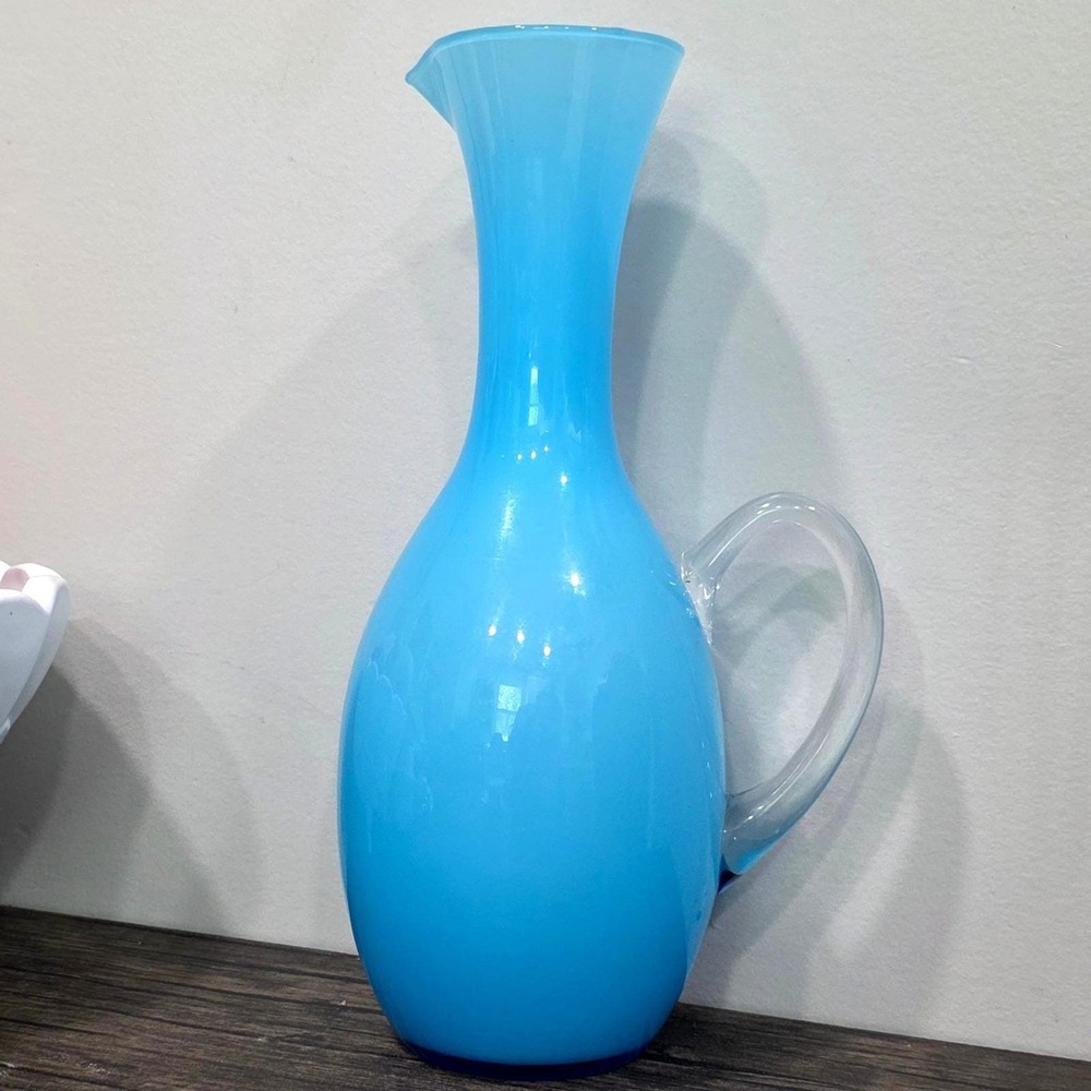 Vintage Mid Century Modern Blue Cased Glass Pitcher Hand Blown‎ 10 Inch Vase